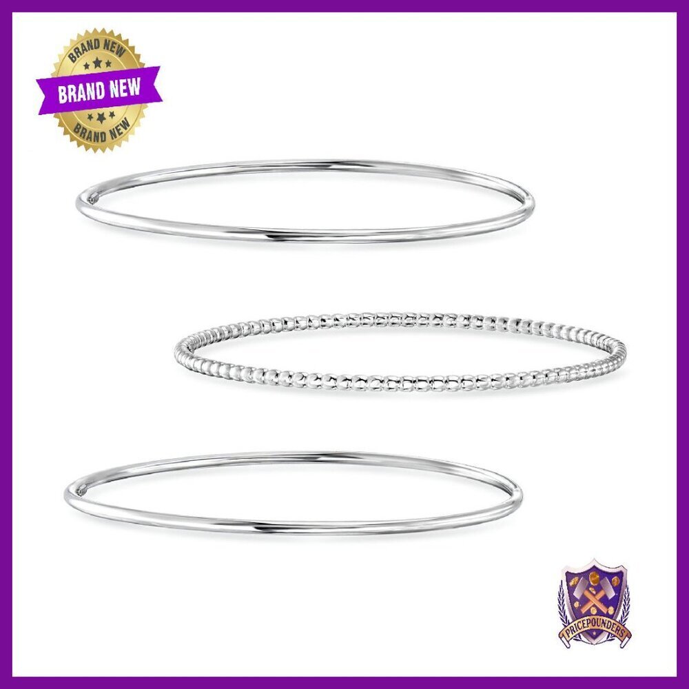 Sterling Silver Beaded Bangle Bracelets Set, 8 Inch, Clasp-Free